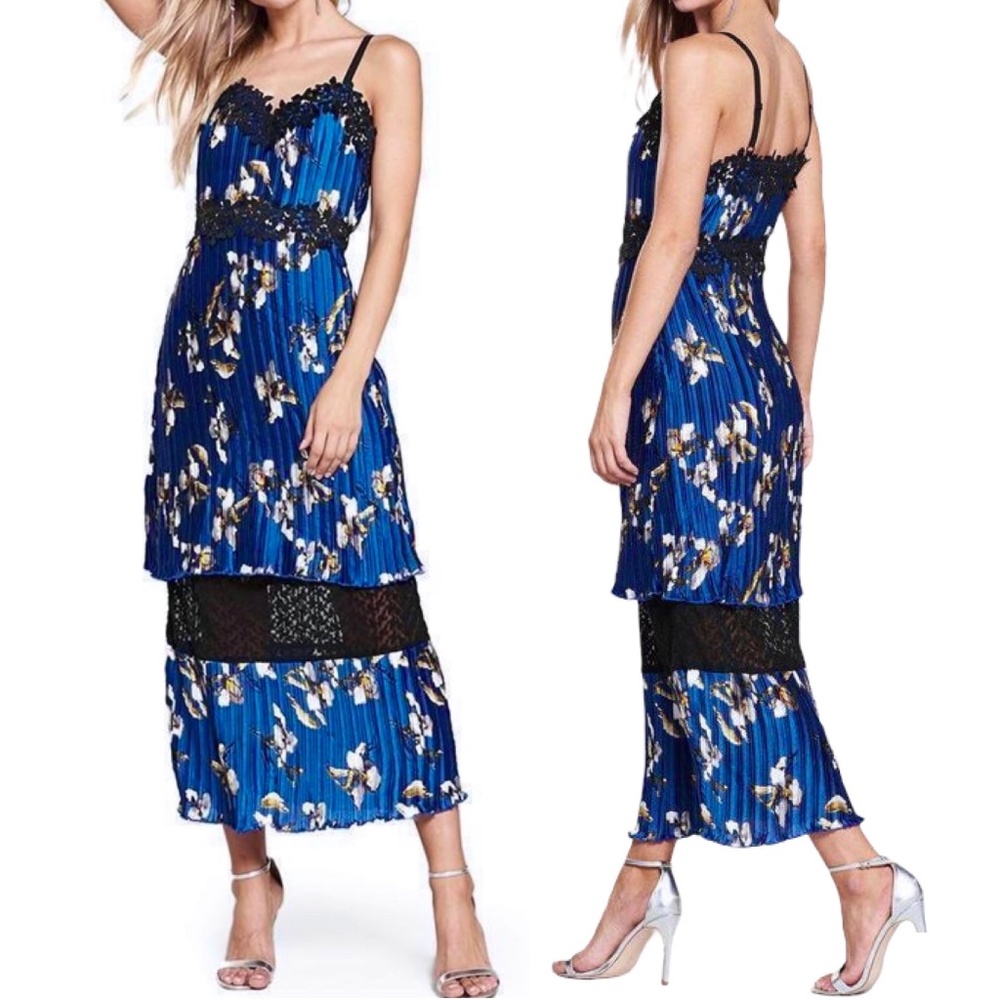 New Foxiedox Carmella Lace Trim Floral Print Pleated Satin Midi Dress Blue Sz 6